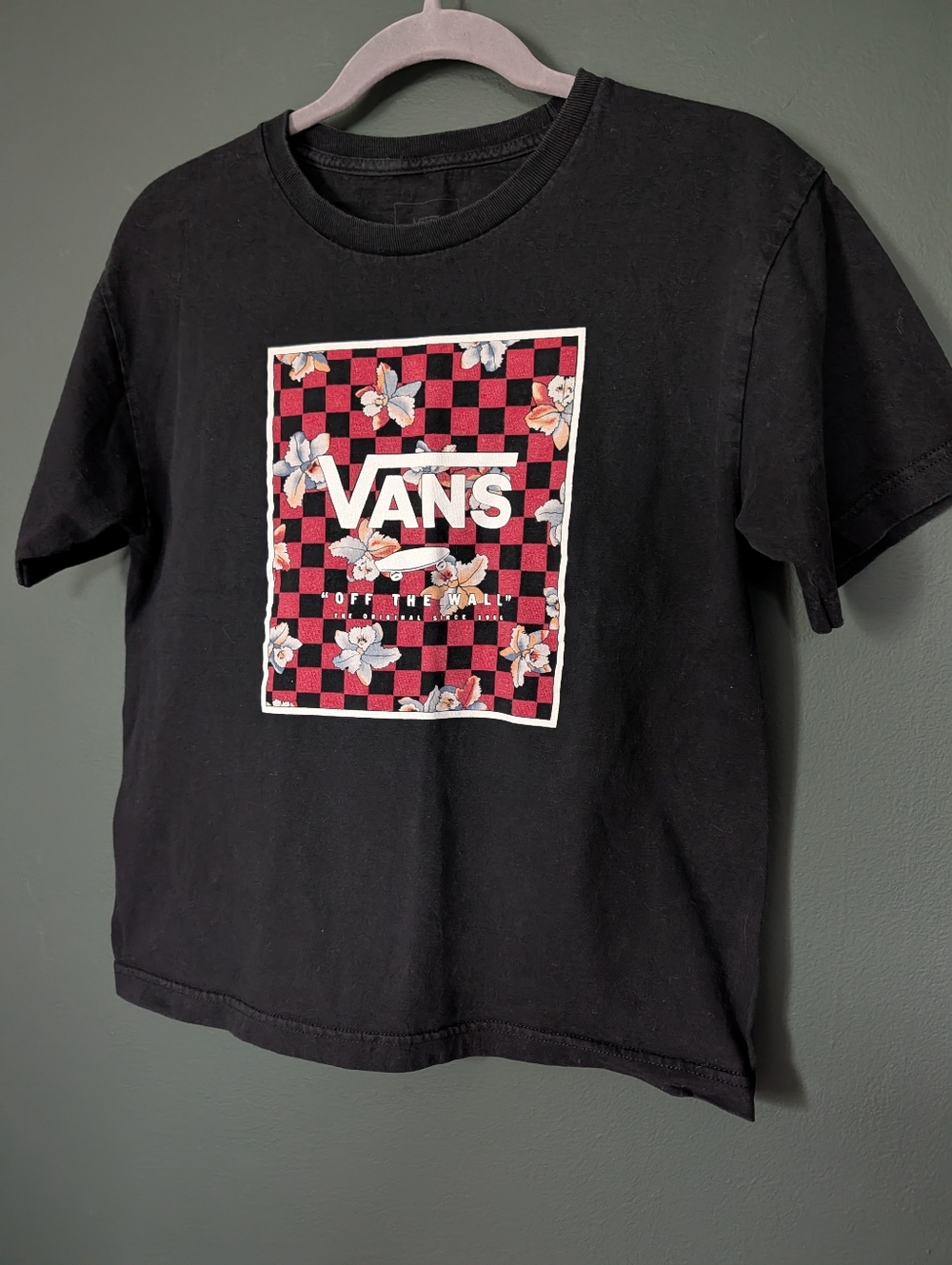 Vans Black Tee with Red Checkerboard Floral Logo Kids 12/14